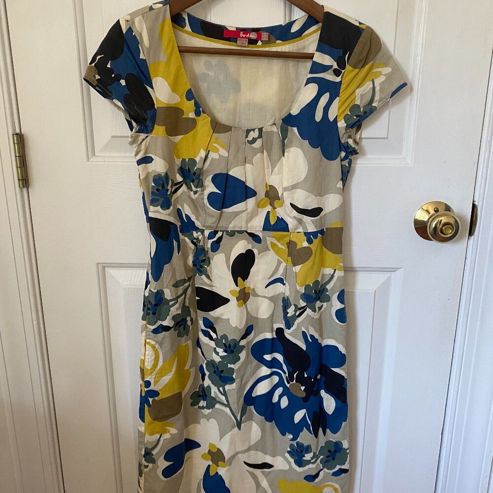Boden Beige and Yellow Floral Short Cap Sleeve Sheath Dress with Pockets Size 2